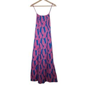 Vineyard Vines Womens Maxi Dress 0 Pink Blue Leaf Print Cotton Sleeveless Resort